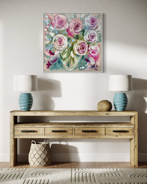 Forget me not Rosa - 76x76 cm - original on Belgian linen - lay by welcome