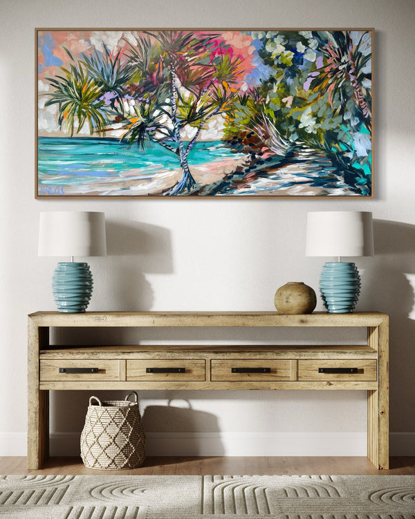 Early morning walk - laguna bay - noosa -Original on Belgian linen  75x150 Cm