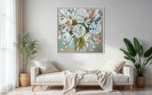 Elegant blooms and banksia -original on belgian linen - 90x90 Cm