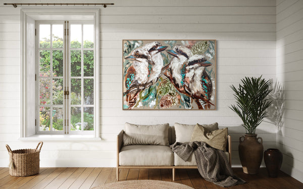 Kookaburra family -Original on Belgian linen  90x120  Cm