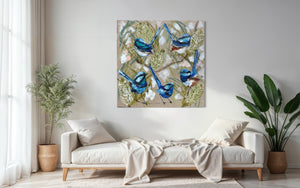 Blue wrens and banksia -original on Belgian linen   - 90x90 Cm