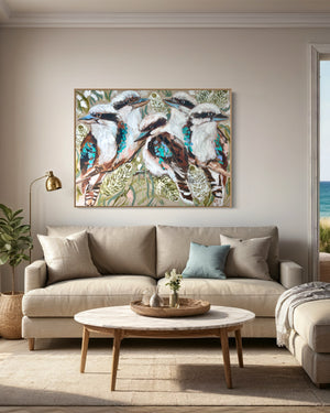 Home sweet home kookaburra  -Original on Belgian linen  90x120  Cm