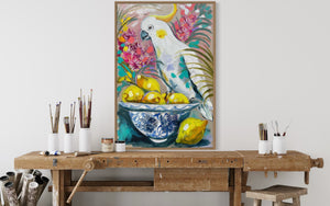 Cockatoo and Lemons -60x90 cm - original on Belgian linen