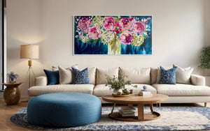 Moonlit peony and hydrangea -Original on gallery canvas 75x150 cm