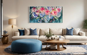 Moonlit peony and hydrangea -Original on gallery canvas 75x150 cm