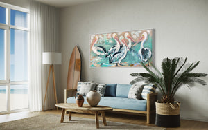 River house pelicans-  Original on Belgian linen  75x150 Cm