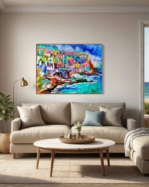 Azure coastline- Cinque Terre- original on Belgian linen 75x100  cm