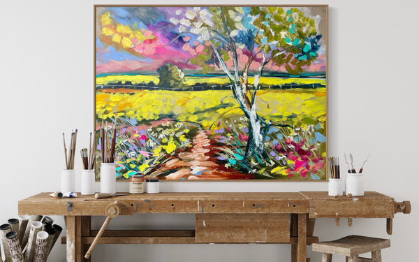 canola , old Gum and wildflowers  - original on Belgian linen  - 75x100 Cm