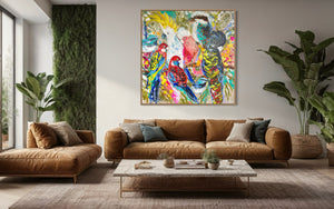 Bird life Australia - Original on Belgian linen - 120x120 Cm