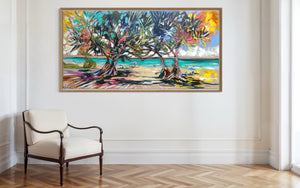 Morning Glow - laguna bay Original on belgian linen 75x150 cm