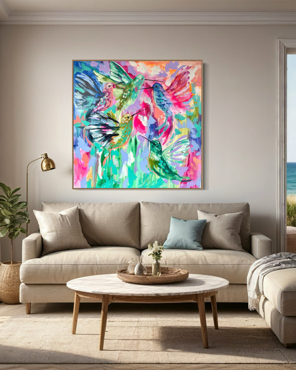 A rainbow blessing - hummingbirds - original on gallery canvas 90x90cm