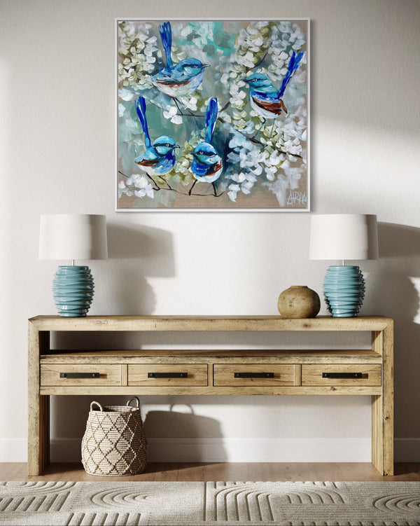 Petite wrens and cherry blossoms  - 76x76 cm - original on Belgian linen