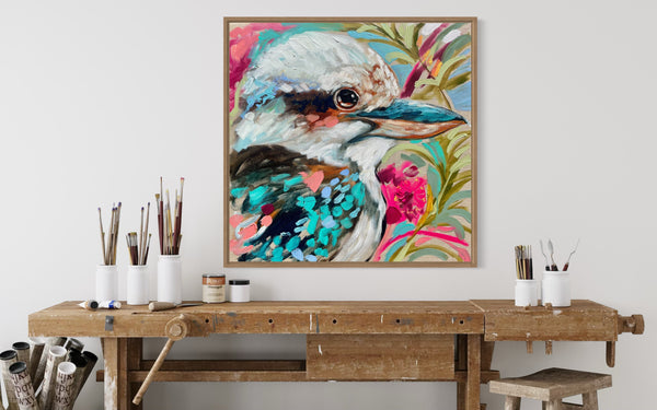Tropical kookaburra  - 60x60 cm - original on Belgian linen
