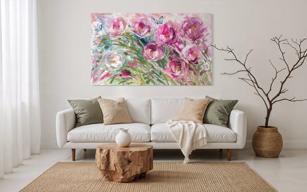 Wild peony and butterfly’s - original on gallery canvas 90x150  cm