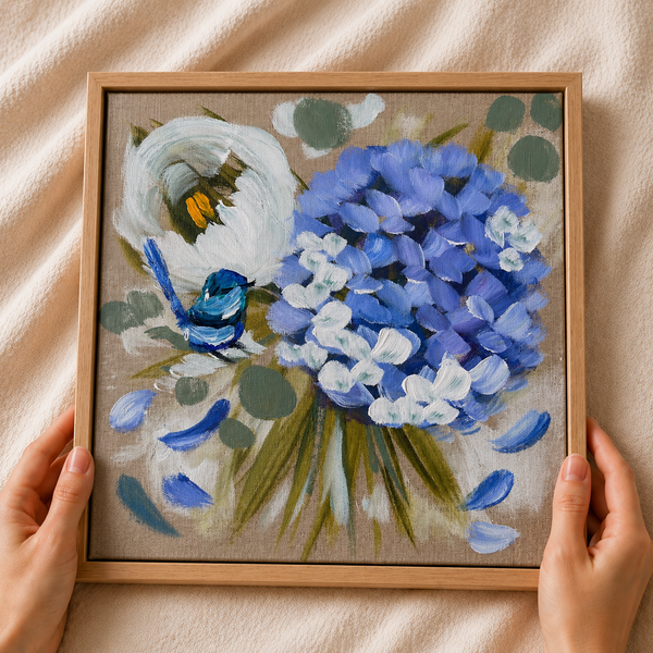 Blue hydrangea and wren  2-original on Belgian linen - 30x30 cm