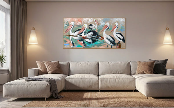 Party of five - pelicans - original on Belgian linen 75 x150 cm