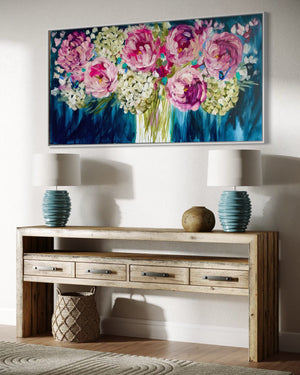 Moonlit peony and hydrangea -Original on gallery canvas 75x150 cm