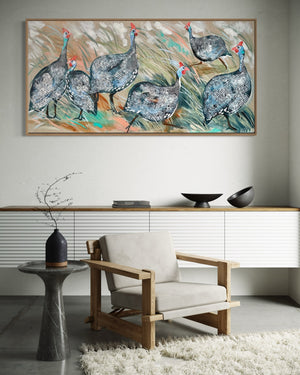 Guinea fowls foraging- Original on Belgian linen  75x150 Cm