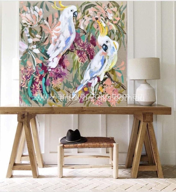 Australian Cockatoo And Gum Blossom -Original On Canvas 90 X90 Cm Original