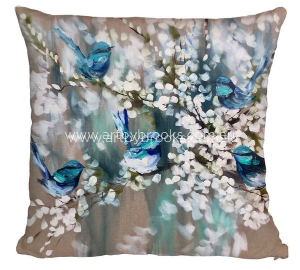 Blue Wrens And Cherry Blossoms - Linen Cushion Cover Cushions
