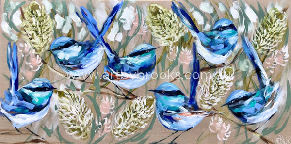 Blue Wrens And Flowering Banksia -Art Print Art