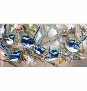 Blue Wrens And Flowering Gum -Original On Belgian Linen 75 X150 Cm Originals