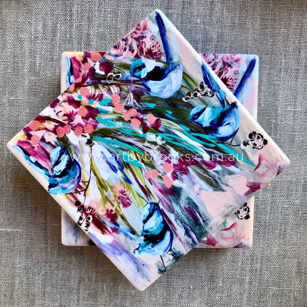 Blue Wrens And Gum Blossom Coasters