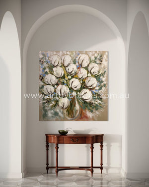 Bouquet Of Cotton Blooms -120 X120 Cm Original On Belgian Linen Medium Sized Originals