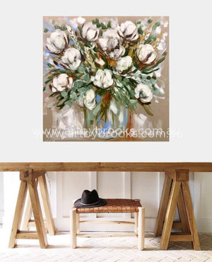 Bouquet Of Cotton Blooms -Original On Belgian Linen 90X90Cm Original