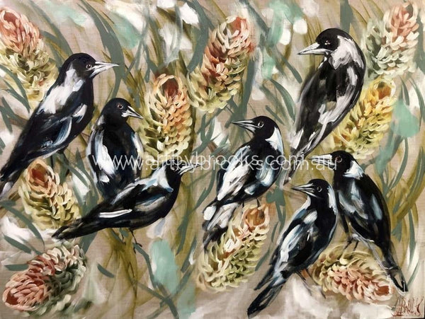 Daily Magpies And Golden Banksia - Art Print Art Prints