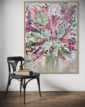 Grand Protea And Native Blooms -Original On Belgian Linen- 90X120 Cm Medium Sized Originals