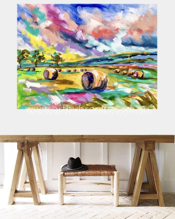Hay Bales At Sunrise -Original On Canvas 90X120 Cm Originals