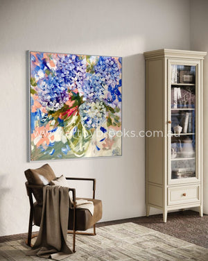 Mums Hydrangeas And Blue Wrens -Original On Gallery Canvas - 90X90 Cm Medium Sized Originals