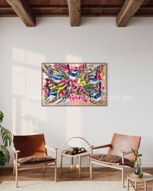 Petite Wrens And Blush Gum Blossom - 60X90Cm Original On Gallery Canvas Lay By Welcome Medium Sized