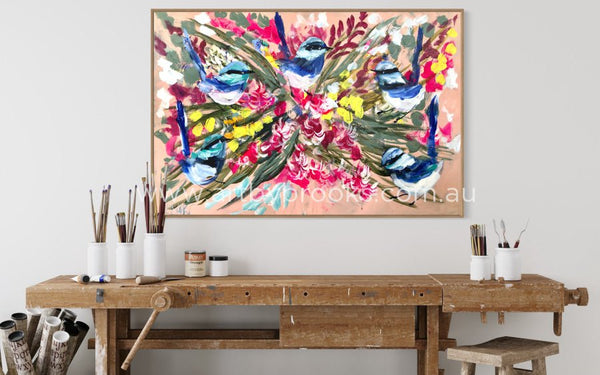Petite Wrens And Blush Gum Blossom - 60X90Cm Original On Gallery Canvas Lay By Welcome Medium Sized