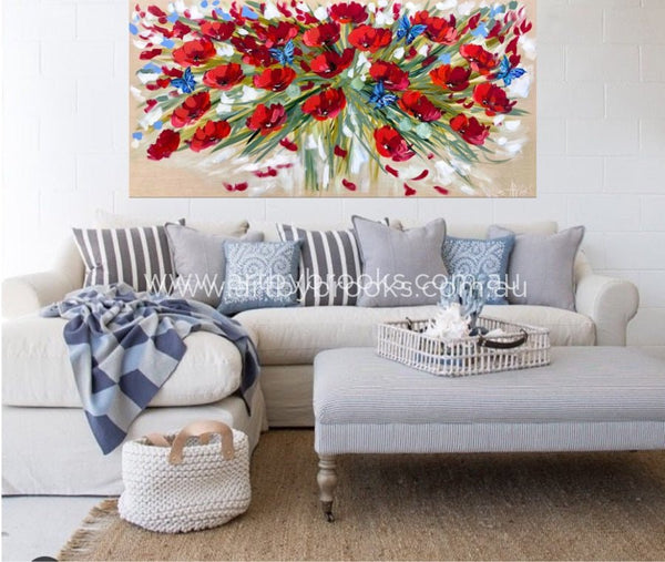 Remembrance Poppys And Butterflys - Original On Belgian Linen 75X150 Cm Medium Sized Originals