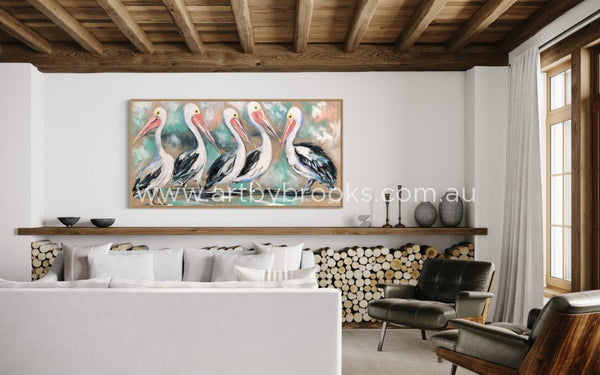 River House Pelicans - Original On Belgian Linen 75X150 Cm Medium Sized Originals