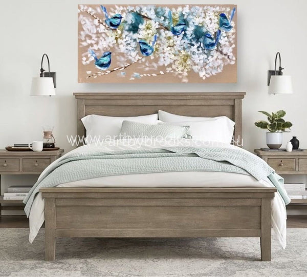 Serene Blue Wrens And Cherry Blossom -Original On Belgian Linen 75X150 Cm Medium Sized Originals