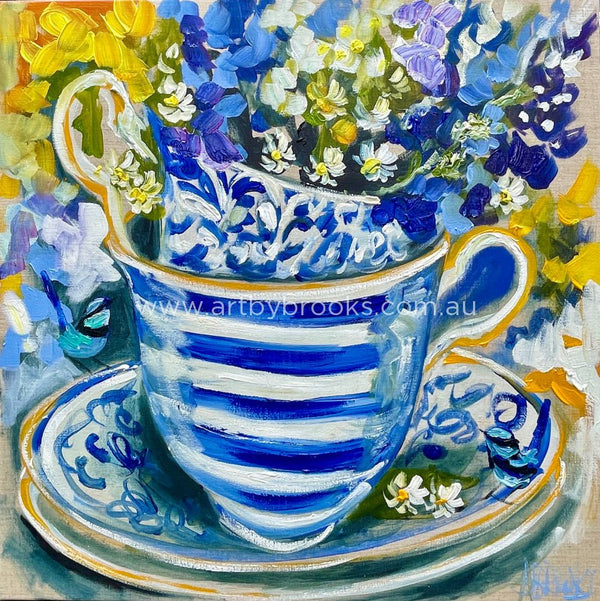 Tea Time With Blue Wrens 2-Art Print Art Prints