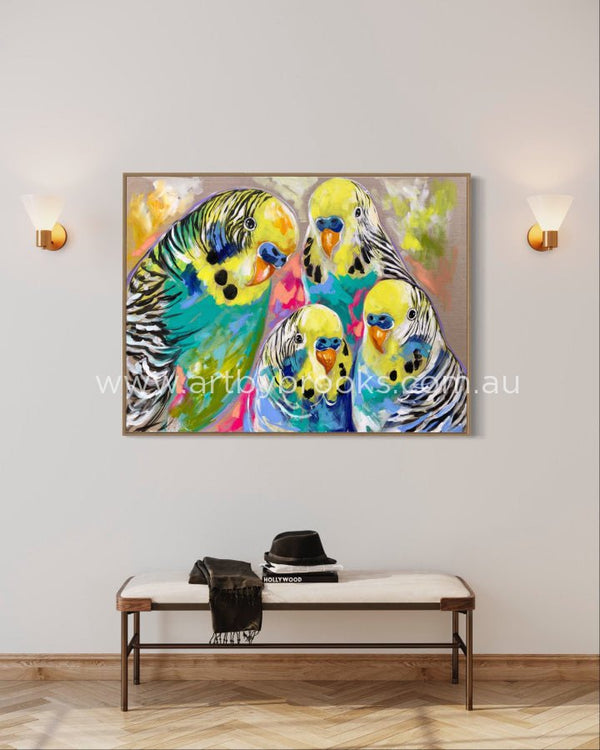 The Budgie Family - 90X120 Cm Original On Belgian Linen Medium Sized Originals