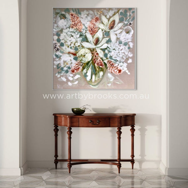 White Bush Blooms - Original On Belgian Linen 90X90Cm Medium Sized Originals