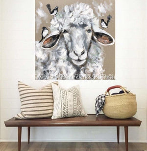 Wooly Sheep And Willy Wagtails - Original On Belgian Linen 90X90 Cm Original